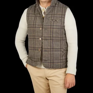 Stenströms Gilets | Beige Checked Wool Down Padded Gilet