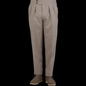 Luigi Bianchi Trousers | Beige Oatmeal Wool Flannel Pleated Trousers