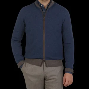 Gran Sasso Cardigans | Blue Melange Wool Cashmere Zip Cardigan