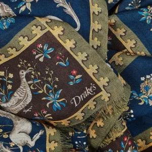 Drake's Scarves | Blue Wool Silk Unicorn Print Scarf
