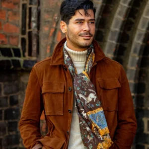 Drake's Scarves | Brown Wool Silk Unicorn Print Scarf