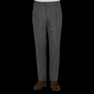 Studio 73 Trousers | Grey Melange Wool Flannel Pleated Trousers