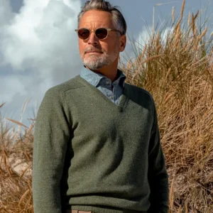 Alan Paine Sweaters | Landscape Green Lambswool V-Neck