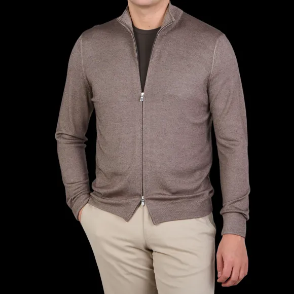 Gran Sasso Cardigans | Light Brown Vintage Merino Wool Zip Cardigan