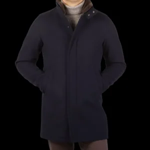 Herno Coats & Jackets | Navy Blue Diagonal Wool Technical Coat