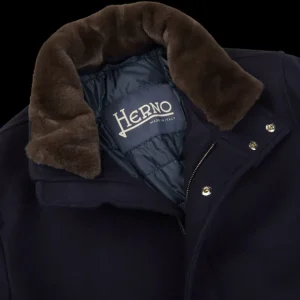 Herno Coats & Jackets | Navy Blue Diagonal Wool Technical Coat