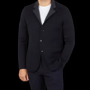 Maurizio Baldassari Outerwear | Navy Blue Knitted Wool Reversible Swacket