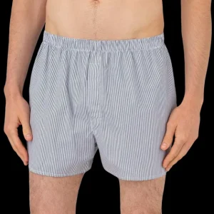 Sunspel Underwear | Navy Blue Pinstripe Cotton Poplin Boxer Shorts