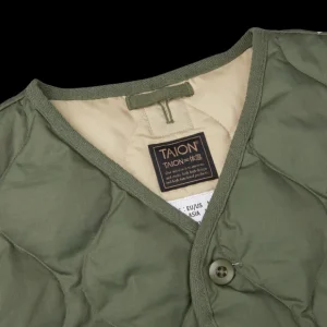 Taion Gilets | Olive Green Nylon Down V-Neck Button Vest