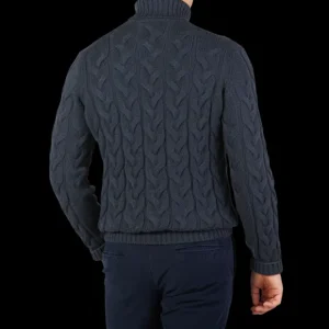 Gran Sasso Knitwear | Steel Blue Wool Cable Knit Roll Neck