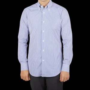 Mazzarelli Shirts | White Blue Striped Cotton Bd Slim Shirt